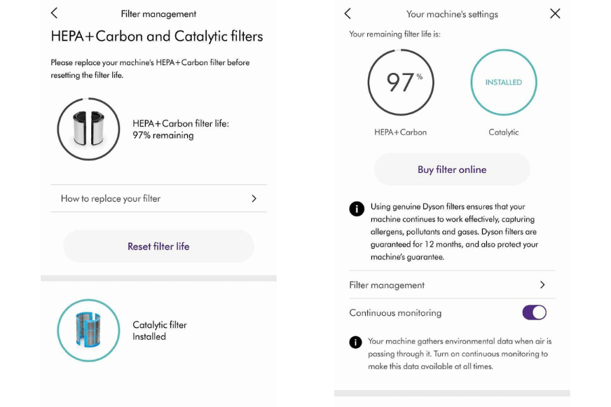 Im Filtermanagement der Dyson Link App erfährt man die restliche Lebensdauer, sowie die Kennzeichnung der Filtereinheiten die in dem Dyson Luftreiniger verbaut sind.